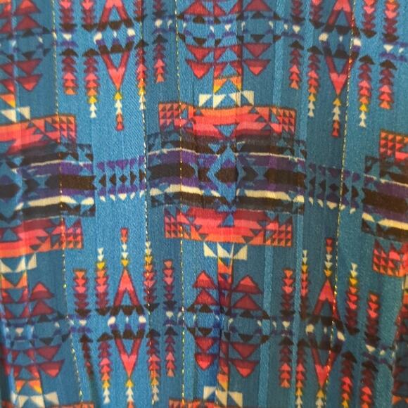 Aqua/Pendleton Womens Ruffled V-Neck Blue Southwest Print Shimmer Mini Dress XS - Picture 6 of 9